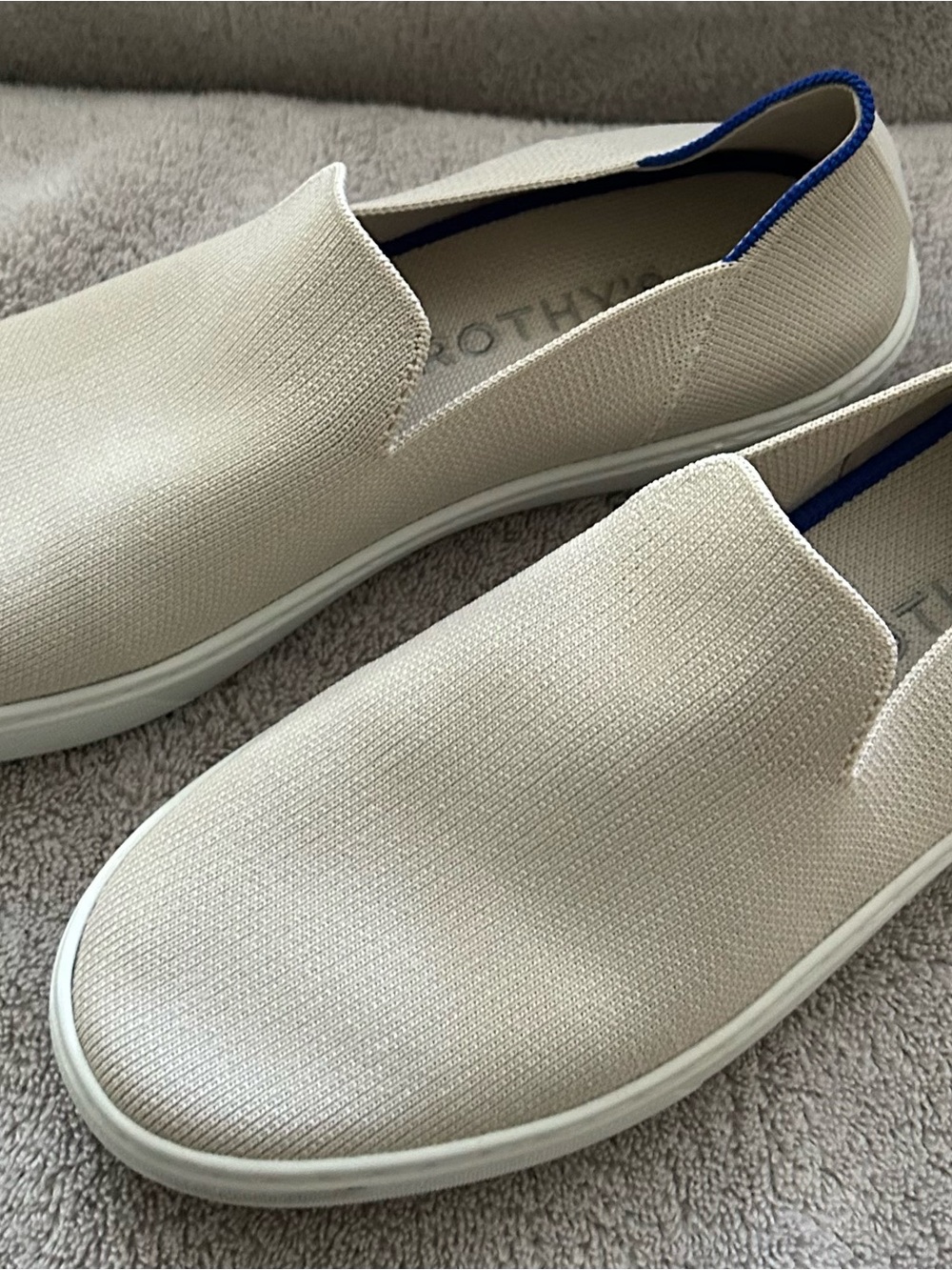 Rothy's Women’s Slip-On Loafers in Beige with Blue Trim